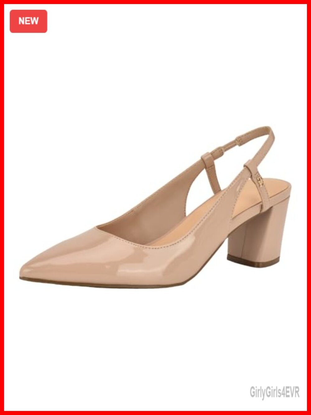 Faux Patent Leather Pointed Toe Block Heel Slingback Pumps Buckle